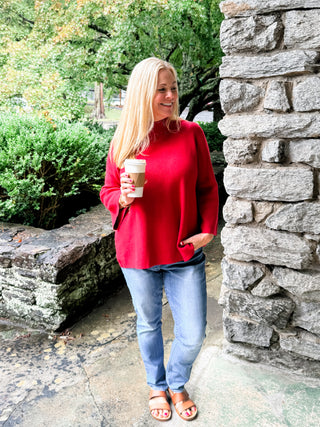 Red Mock Neck Knit Pullover Sweater with Three Quarter Wide Sleeves