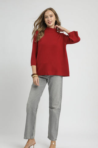 Red Mock Neck Knit Pullover Sweater with Three Quarter Wide Sleeves