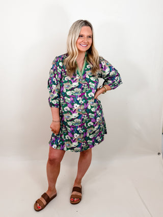 Mini Floral Dress with a Deep V-Neck Cut, Floral Pattern, Long Balloon Sleeves, and Color Block Contrast Detail