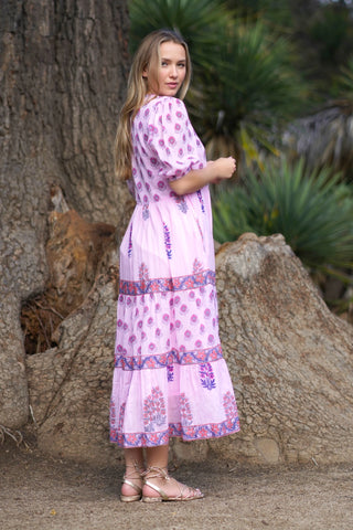 Pink Boho Maxi Dress with Floral Printed Tiered Skirt, Three-Quarter Puff Sleeves, Lined, with Pockets and Split Neckline