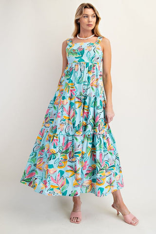 Blue Midi Dress with Bright Tropical Pattern, Tie Back Detail, Elastic Thick Straps, Tiered Skirt, and Pockets