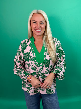 Green and Pink Floral Printed Top with Deep V-Neckline, Long Balloon Sleeves, Contrast Placket, Flowy Silhouette.