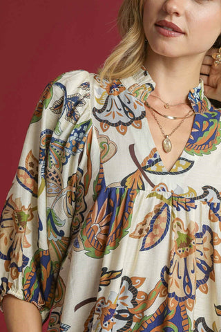 Cream Babydoll Dress with V-Neckline, Three Quarter Puff Sleeves, and Multicolor Paisley Floral Print
