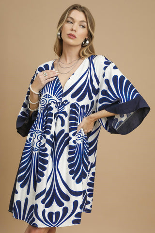 Mini Blue and White Abstract Print Dress with Wide Kimono-Style Short Sleeves, V-Neckline, and Mini Length Hemline