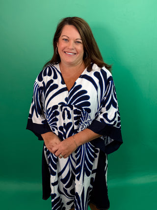 Mini Blue and White Abstract Print Dress with Wide Kimono-Style Short Sleeves, V-Neckline, and Mini Length Hemline