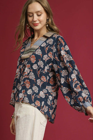 Floral Print Boho Top with Paisley Border Print, V-Neck, Long Balloon Sleeves, and Slight High-Low Hem