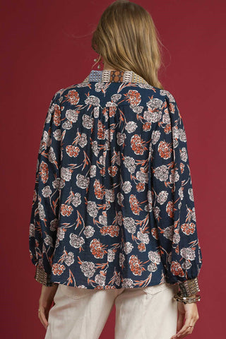 Floral Print Boho Top with Paisley Border Print, V-Neck, Long Balloon Sleeves, and Slight High-Low Hem