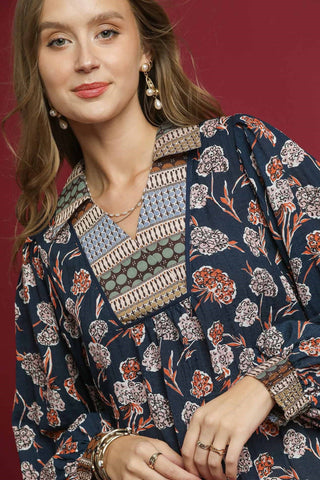 Floral Print Boho Top with Paisley Border Print, V-Neck, Long Balloon Sleeves, and Slight High-Low Hem