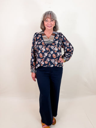 Floral Print Boho Top with Paisley Border Print, V-Neck, Long Balloon Sleeves, and Slight High-Low Hem