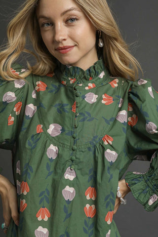 Green Floral Print Midi Dress with a High neck with subtle ruffle trim, Long puff sleeves with elastic cuffs, and tiered hem.