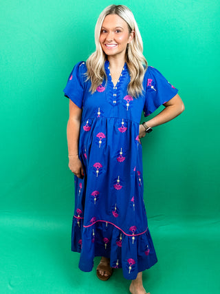 Navy Midi Dress with Pink Embroidered Pattern, V-Neck and Tiered Skirt