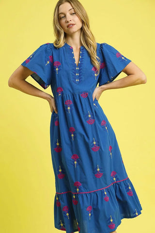 Navy Mini Dress with Pink Embroidered Pattern, V-Neck and Tiered Skirt