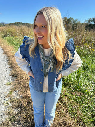 Quilted Denim Vest with Ruffle Shoulder Detail, Quilted Stitched Pattern, Side Pockets, Lined, and Front Button Down