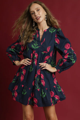 Mix Floral Babydoll Tunic Dress with V-notch neckline and Relaxed, flowy silhouette. Unlined. 