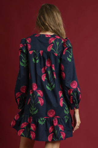 Mix Floral Babydoll Tunic Dress with V-notch neckline and Relaxed, flowy silhouette. Unlined.