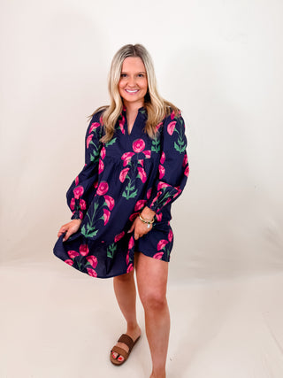 Mix Floral Babydoll Tunic Dress with V-notch neckline and Relaxed, flowy silhouette. Unlined.