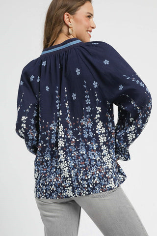 Blue Floral Vine Print Blouse with Balloon Sleeves, Contrast Binding, and Split V-Neckline