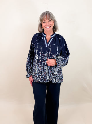 Blue Floral Vine Print Blouse with Balloon Sleeves, Contrast Binding, and Split V-Neckline