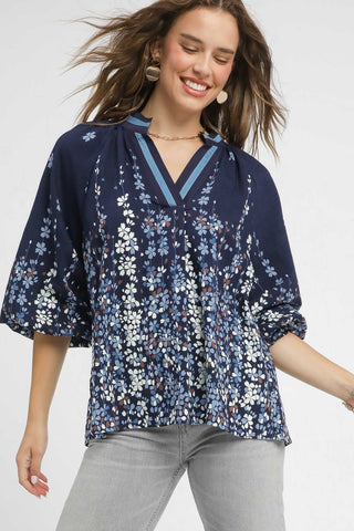 Blue Floral Vine Print Blouse with Balloon Sleeves, Contrast Binding, and Split V-Neckline