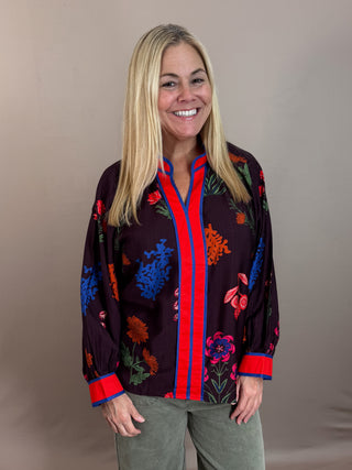 Floral Mandarin Collar Blouse with Contrast Trim, Long Sleeves and Mandarin Collar