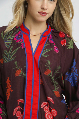 Floral Mandarin Collar Blouse with Contrast Trim, Long Sleeves and Mandarin Collar