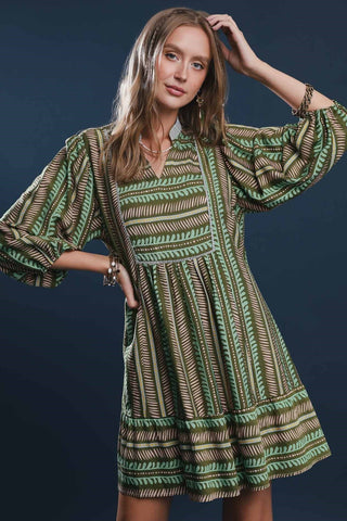 Mini Print Dress with Aztec-Inspired Pattern, 3/4 Balloon Sleeves, Subtle Collar Trim, and Tiered Mini Babydoll Silhouette