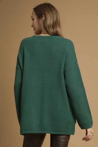 Textured Button Henley Knit Sweater with Notched Neckline with Front Button Detail and High-Low Hemline with Side Slits. Unlined.