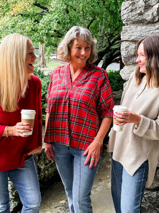 Plaid Smocked V-Neck Flannel Top with Three Quarter Sleeves, High-Low Hemline