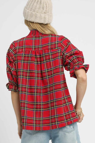 Plaid Smocked V-Neck Flannel Top with Three Quarter Sleeves, High-Low Hemline