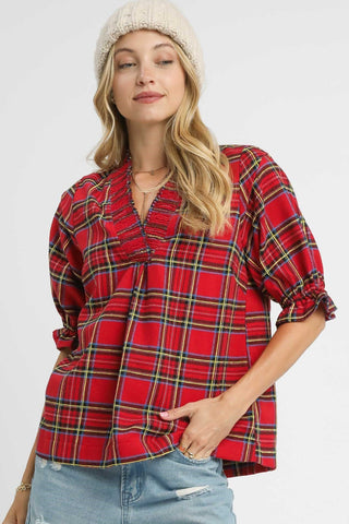 Plaid Smocked V-Neck Flannel Top with Three Quarter Sleeves, High-Low Hemline