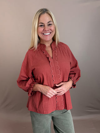 Rose textured Stripe Scallop Trim Blouse with Split V-neck with scallop edge trim and 3/4 length with elastic ruffle cuffs.