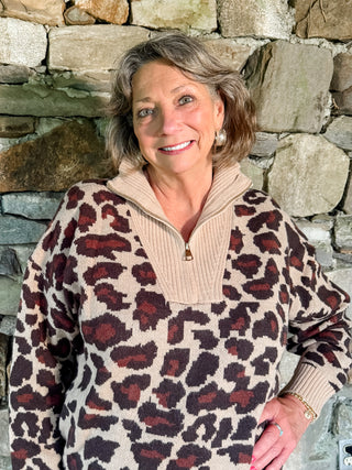 Leopard Print Quarter-Zip Knit Sweater with Ribbed Stand Collar