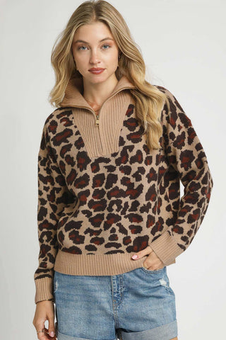 Leopard Print Quarter-Zip Knit Sweater with Ribbed Stand Collar
