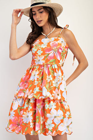 Orange Mini Dress with Floral Print, Scallop Edged Tiered Layered Skirt, Adjustable Tied Straps, and Smocked Back
