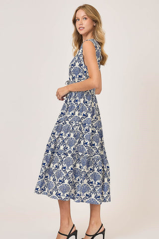 Blue and White Midi Dress with Abstract Print, V-Neckline, and Drawstring Details