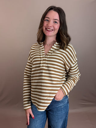 SPLIT NECK LONG SLEEVES DROP SHOULDER RELAXED FIT TEXTURED STRIPE PATTERN NOT LINED KNIT TOP