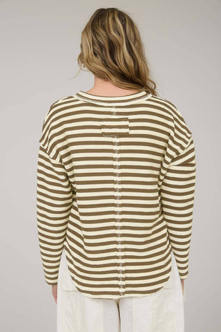 SPLIT NECK LONG SLEEVES DROP SHOULDER RELAXED FIT TEXTURED STRIPE PATTERN NOT LINED KNIT TOP