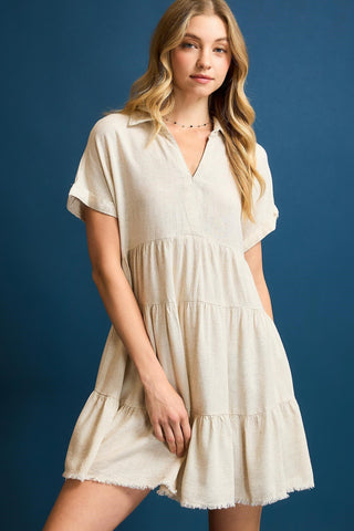 Linen Blend Mini Tiered Dress with Relaxed Collared Neckline, Short Sleeves, and Raw Hem Finish