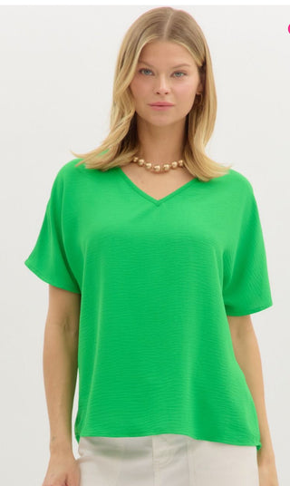 V-Neck Vibrant Green Top With V-Neck Cut and Non-Sheer Woven Fabric
