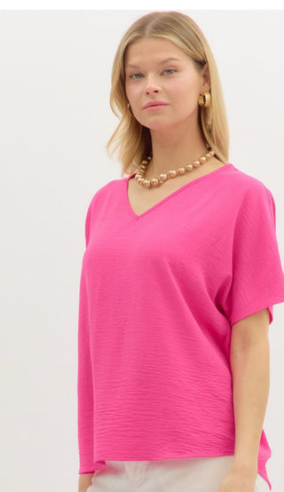 V-Neck Vibrant Pink Top With V-Neck Cut and Non-Sheer Woven Fabric