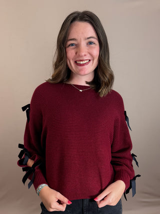 ROUND NECKLINE LONG SLEEVES VELVET BOW SLEEVE DETAIL WITH CUT-OUT BATWING RIBBED KNIT SOLID CONTRAST DETAIL KNIT PULLOVER SWEATER