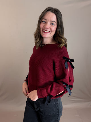 ROUND NECKLINE LONG SLEEVES VELVET BOW SLEEVE DETAIL WITH CUT-OUT BATWING RIBBED KNIT SOLID CONTRAST DETAIL KNIT PULLOVER SWEATER