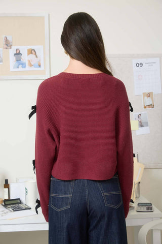 ROUND NECKLINE LONG SLEEVES VELVET BOW SLEEVE DETAIL WITH CUT-OUT BATWING RIBBED KNIT SOLID CONTRAST DETAIL KNIT PULLOVER SWEATER
