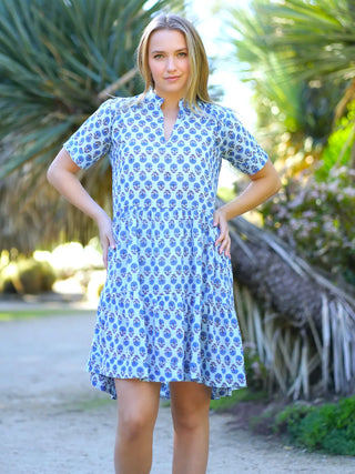 Blue Mini Dress with Boho Pattern, Lightweight Material, Pockets, V-Neck Cut, and Tiered Skirt