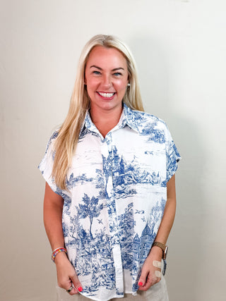 Blue and White Toile Landscape Printed Button Down Top with High Low Hemline