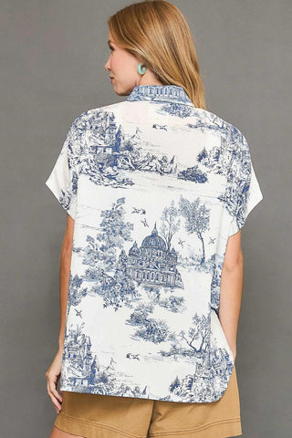 Blue and White Toile Landscape Printed Button Down Top with High Low Hemline