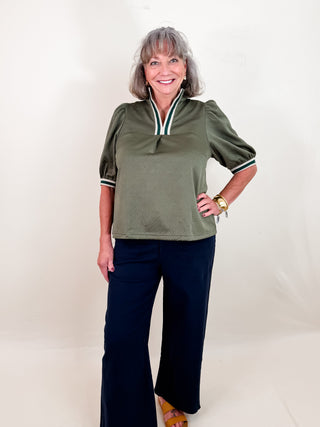 Textured Knit Half-Zip Top with Stripe Trim and Short Puff Sleeves. Unlined