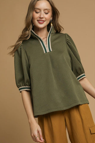 Textured Knit Half-Zip Top with Stripe Trim and Short Puff Sleeves. Unlined