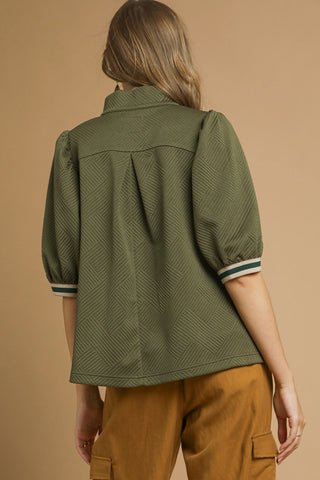 Textured Knit Half-Zip Top with Stripe Trim and Short Puff Sleeves. Unlined