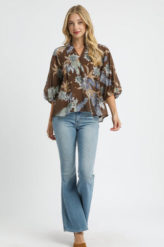 Floral Print Sheer V-Neck Blouse with V-Neckline with Soft Pleating, Three Quarter Puff Sleeves, High-Low Hemline and Smocked Collar